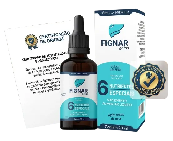 Imagem do suplemento Fignar Gotas original com certificado de origem e selo de autenticidade do produto.